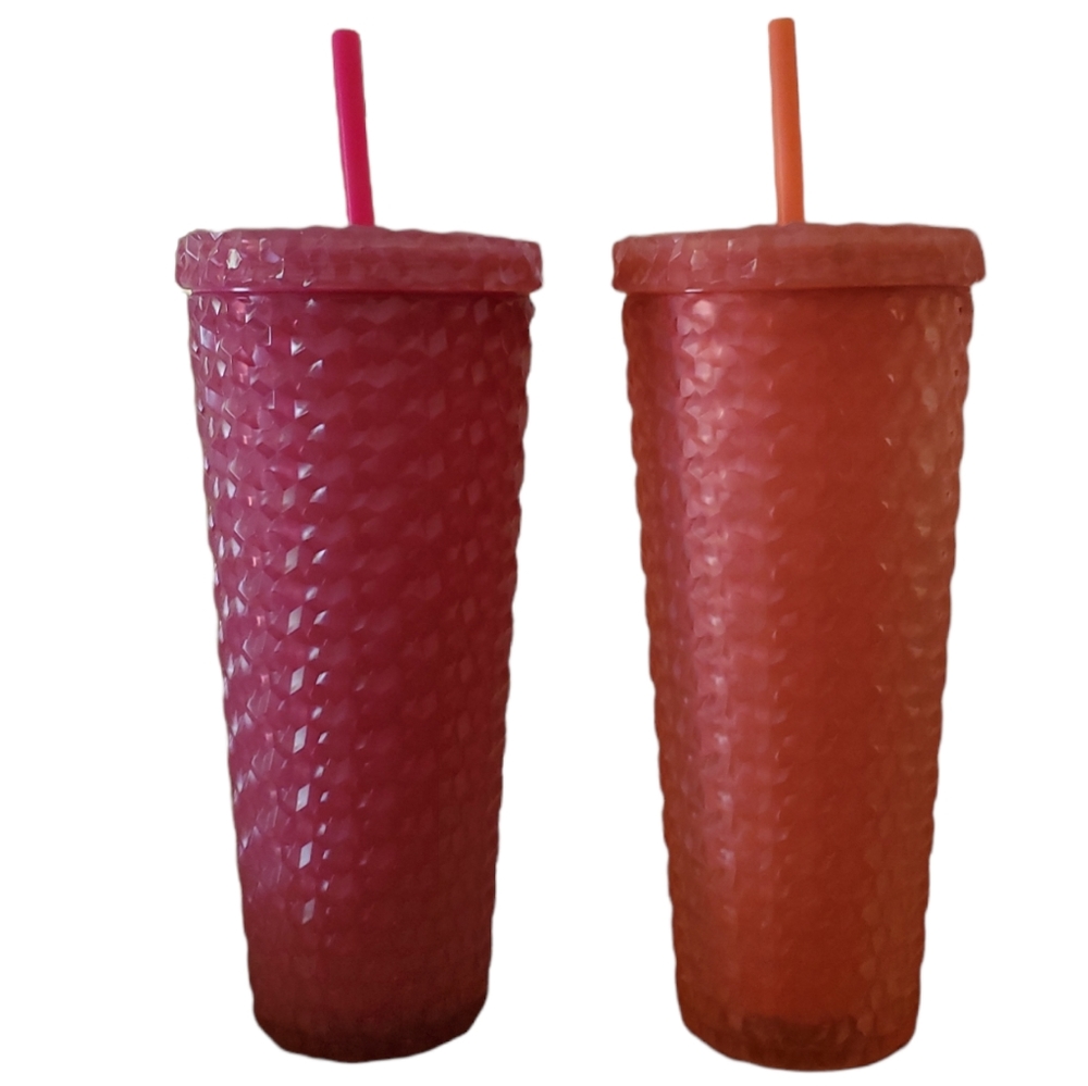 2 26 oz Travel Tumbler Double Walled Diamond Textured Studded Acrylic Straws